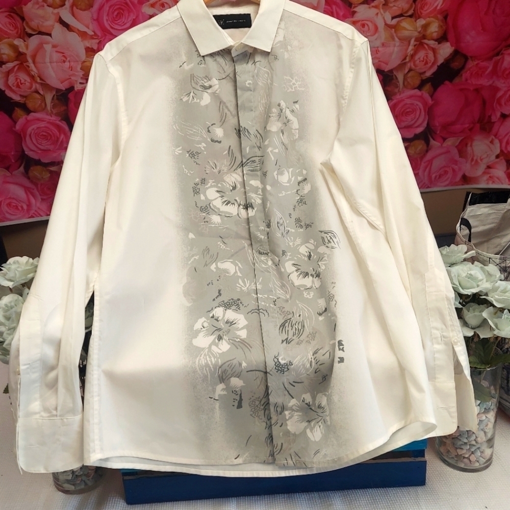 INC Men's White and Grey Design  Dress Shirt Size Medium